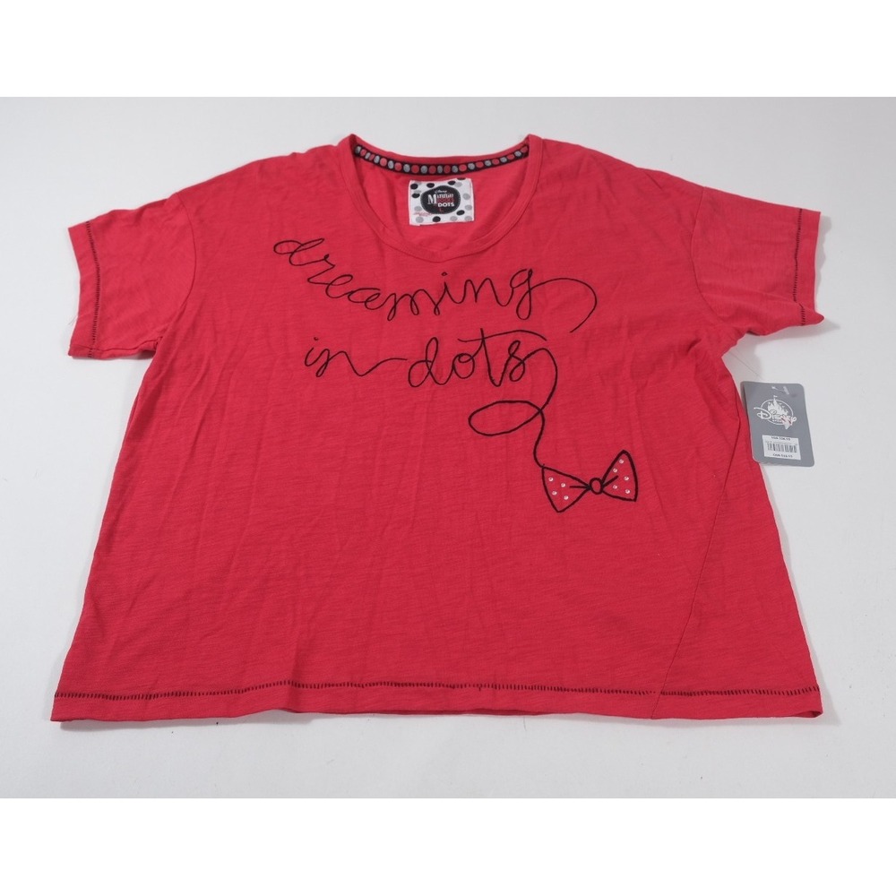 Disney T-Shirt Womens L Red Minnie Rocks The Dots Dreaming In Dots Slub Knit Top